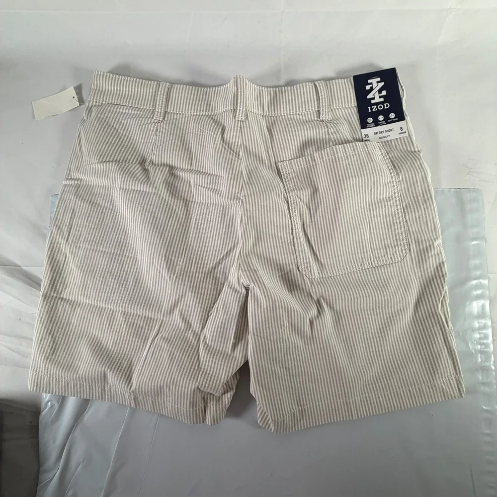 IZOD Men's Classic Oxford Stretch Shorts 36 Tan Beige White‎ Striped NWT